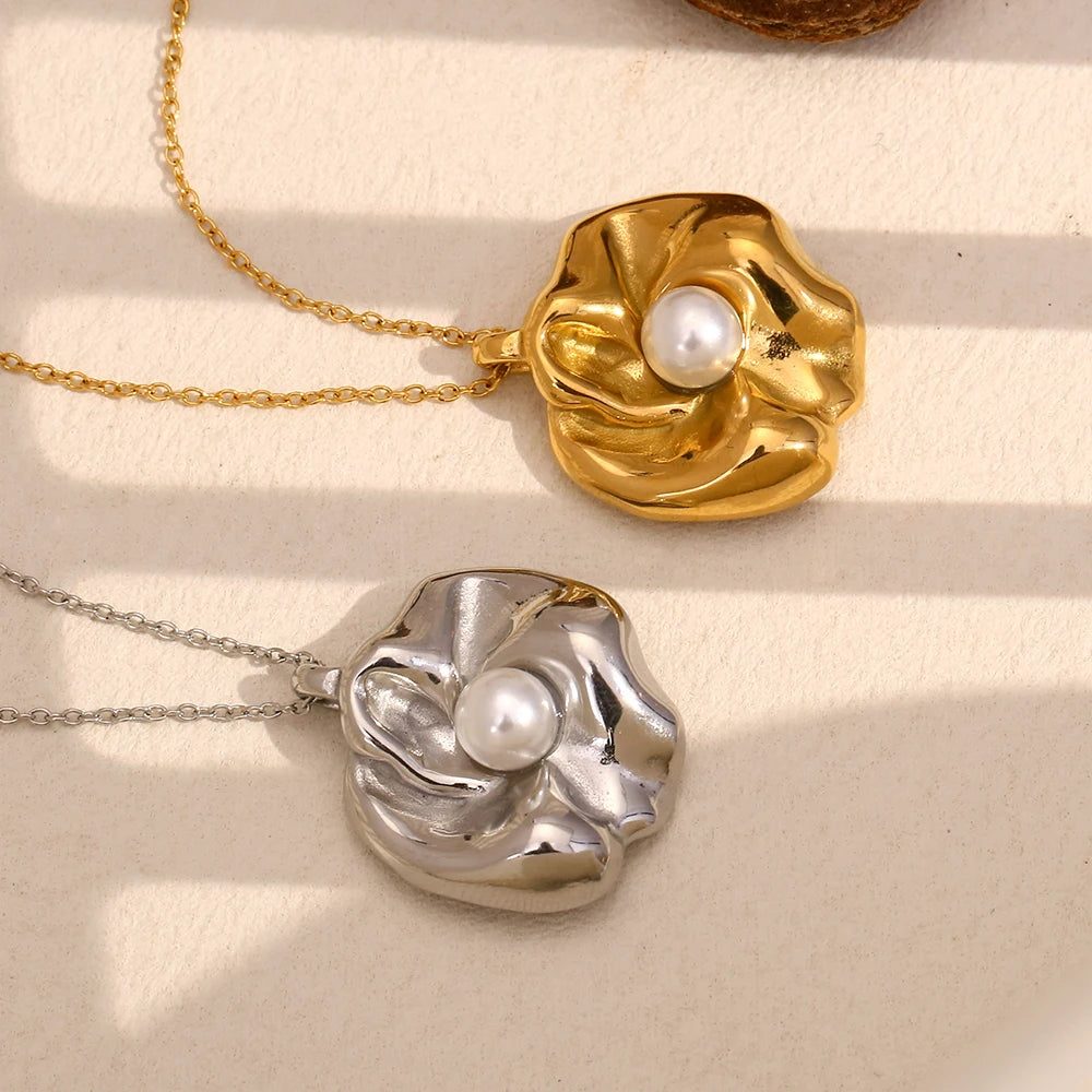 E.B.belle, nuevo diseño, collar con colgante de flor de perla, acero inoxidable, chapado en oro, joyería elegante para mujer a la moda