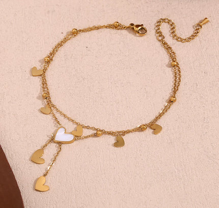 E.B.belle-tobillera de doble capa con forma de corazón para mujer, pulsera de acero inoxidable 316L, chapada en oro de 18K, color blanco y Beige