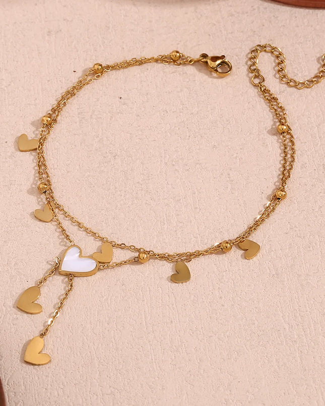 E.B.belle-tobillera de doble capa con forma de corazón para mujer, pulsera de acero inoxidable 316L, chapada en oro de 18K, color blanco y Beige