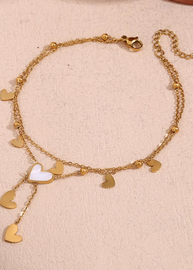 E.B.belle-tobillera de doble capa con forma de corazón para mujer, pulsera de acero inoxidable 316L, chapada en oro de 18K, color blanco y Beige