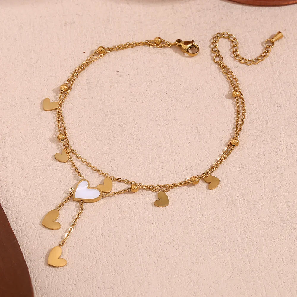 Tobillera Doble Capa Corazón en Acero Inoxidable Chapado en Oro