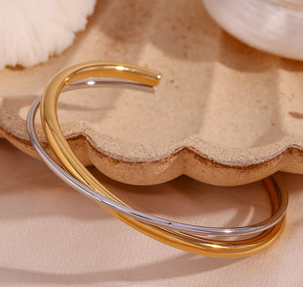 Brazaletes retorcidos de doble línea de 2 tonos, pulseras minimalistas de acero inoxidable, brazaletes, joyería para el brazo para mujer