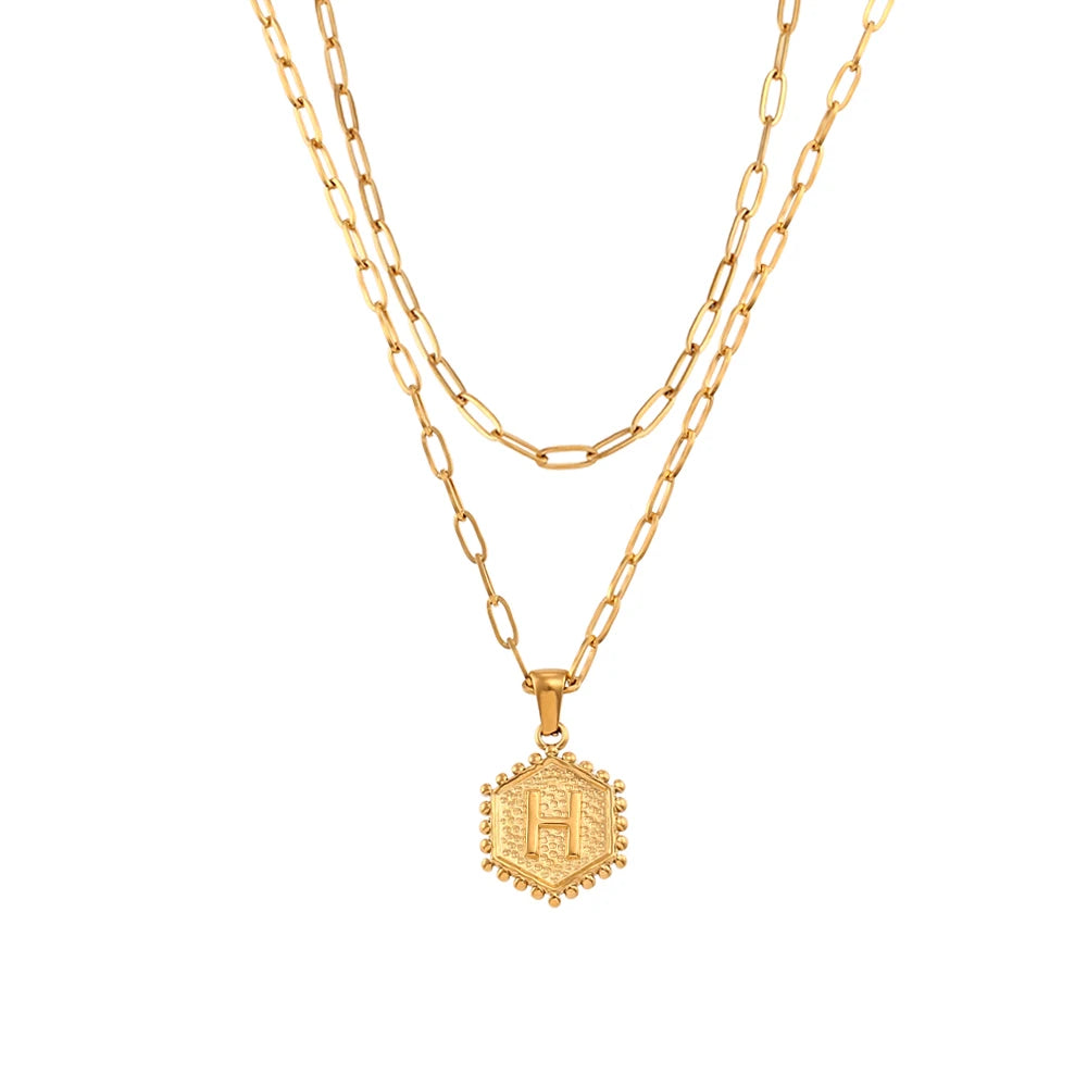 E.B.belle-Cadena de eslabones de doble capa para mujer, collar con inicial chapada en oro, 26 letras del alfabeto, forma Hexagonal, A-Z