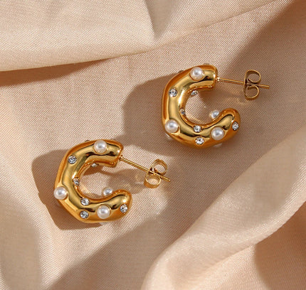 E.B.belle-pendientes gruesos de acero inoxidable chapados en oro para mujer, joyería de declaración gruesa pavimentada de circón de perla Irregular