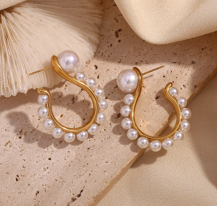 E.B.belle-pendientes en forma de gancho con perla exagerada, joyería chapada en oro de 18K, accesorios de acero inoxidable 316L