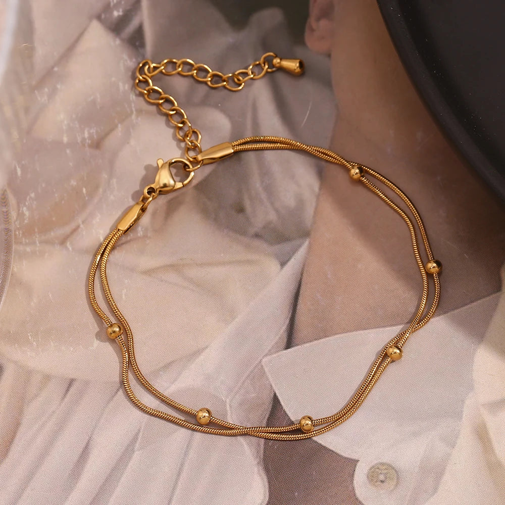Tobillera Doble Capa Oro 18k Resistente al Agua