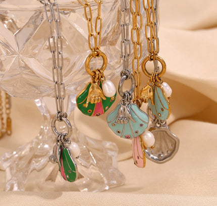 E.B.belle-collar con colgante de gesto de concha de diamantes de imitación coloridos, joyería de acero inoxidable de estilo lindo para mujer, chapado en oro de 18 quilates para niñas
