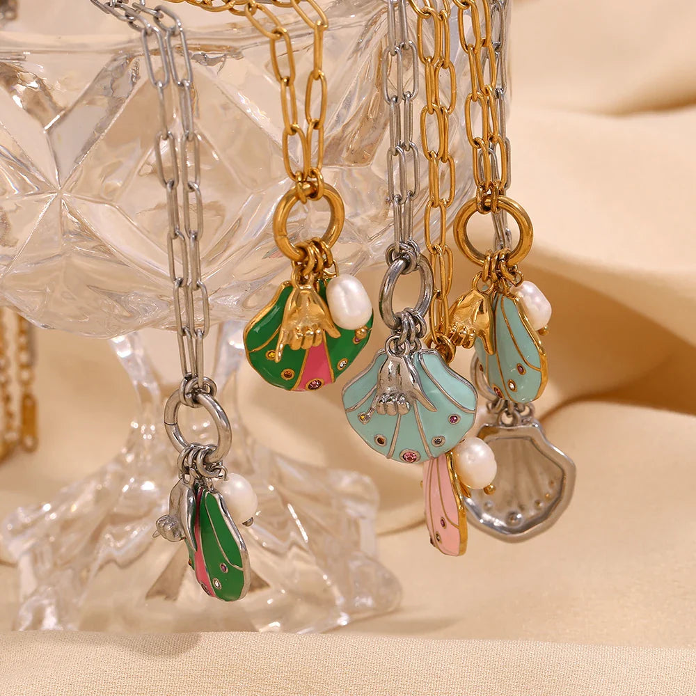 Collar con Colgante de Concha Multicolor Chapado en Oro
