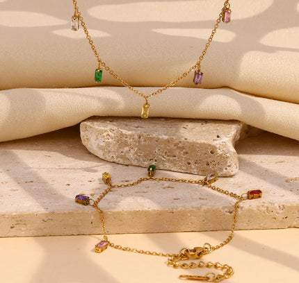 E.B.belle, collar con dije de piedra de circón cuadrado colorido, pulseras para mujer, joyería de Navidad de cristal de acero inoxidable resistente al agua
