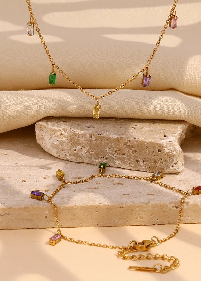 E.B.belle, collar con dije de piedra de circón cuadrado colorido, pulseras para mujer, joyería de Navidad de cristal de acero inoxidable resistente al agua
