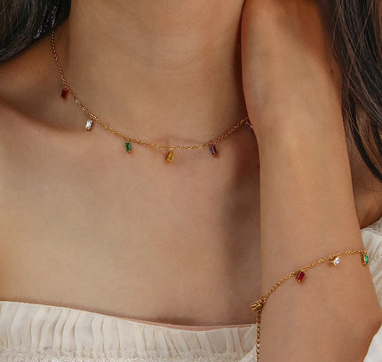 E.B.belle, collar con dije de piedra de circón cuadrado colorido, pulseras para mujer, joyería de Navidad de cristal de acero inoxidable resistente al agua