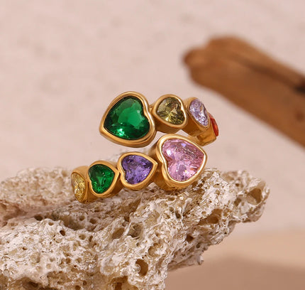 E.B.belle Anillo de circón con corazón abierto, colorido, hipoalergénico, decoración de acero inoxidable 316L, joyería chapada en oro de 18 quilates