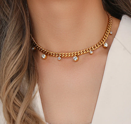 E.B.belle Collar de cadena cubana suave chapado en oro de 18 quilates círculo redondo cristal circón piedra encanto gargantilla collar para mujer