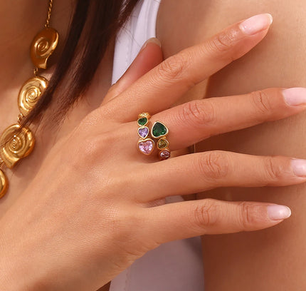 E.B.belle Anillo de circón con corazón abierto, colorido, hipoalergénico, decoración de acero inoxidable 316L, joyería chapada en oro de 18 quilates