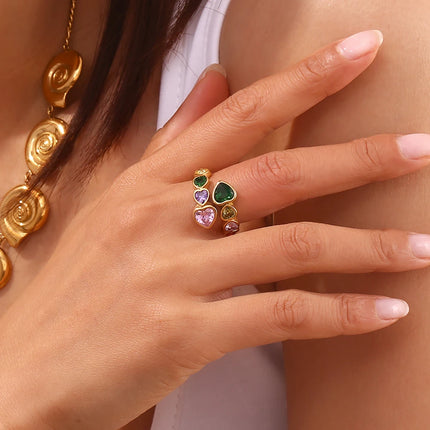 E.B.belle Anillo de circón con corazón abierto, colorido, hipoalergénico, decoración de acero inoxidable 316L, joyería chapada en oro de 18 quilates
