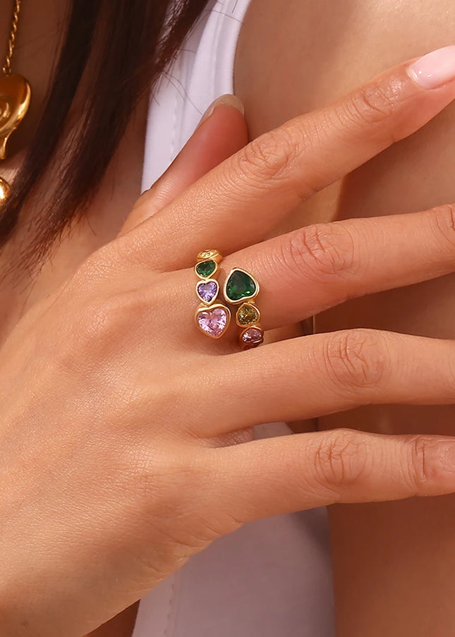 E.B.belle Anillo de circón con corazón abierto, colorido, hipoalergénico, decoración de acero inoxidable 316L, joyería chapada en oro de 18 quilates