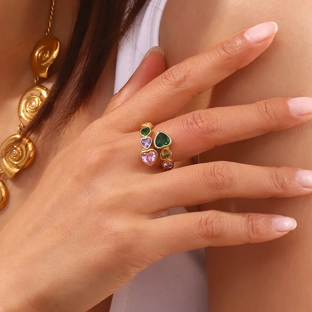 Anillo de Corazón Abierto con Zirconia Multicolor