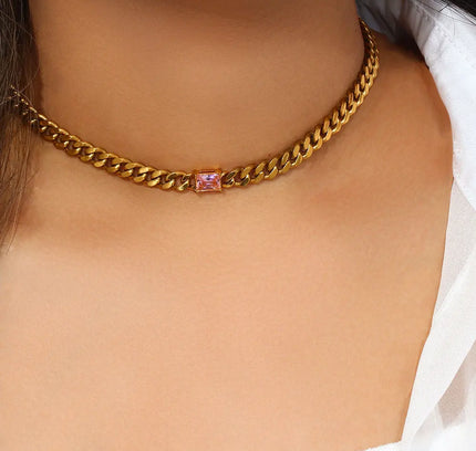 Collar con colgante de circón rectangular para mujer, cadena cubana de 6,5mm, Gargantilla de acero inoxidable chapada en oro, joyería