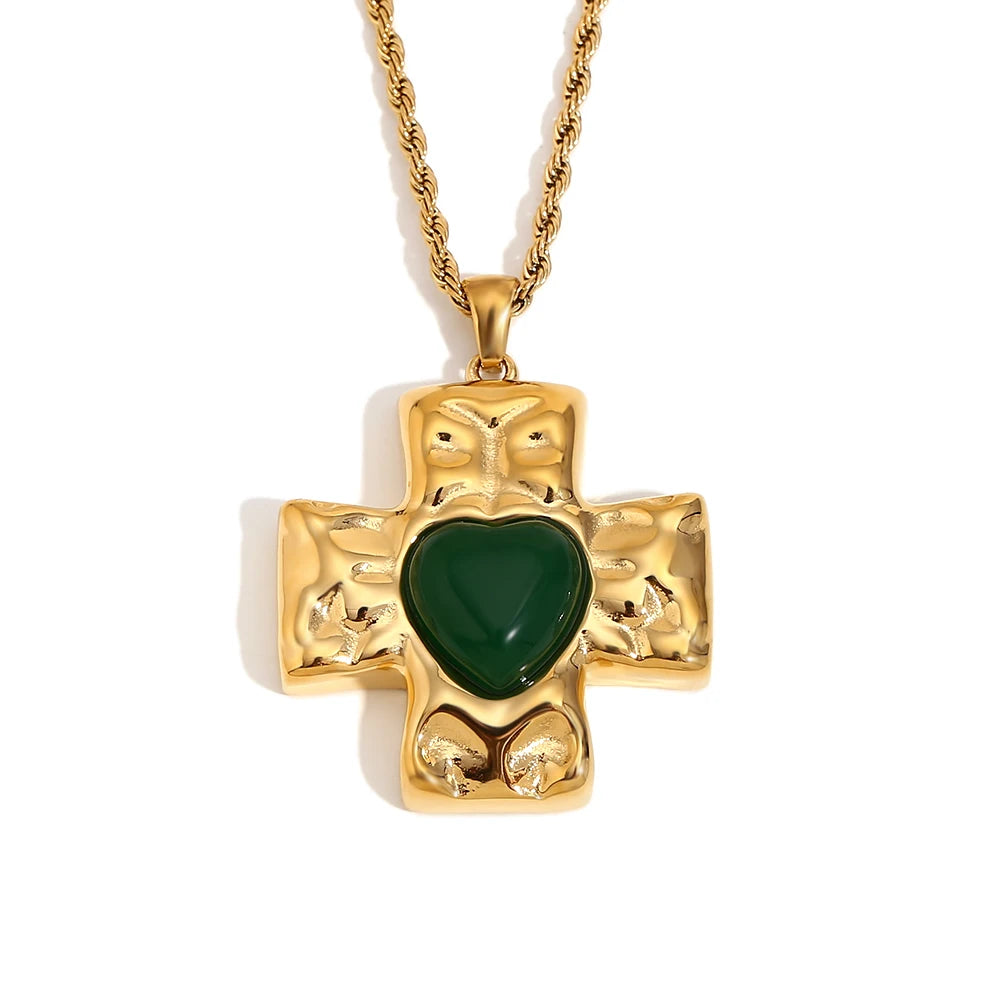 E.B.belle-collar con colgante de piedra de ágata en forma de corazón con diseño de martillo, joyería cruzada chapada en oro de 18k de acero inoxidable para mujer