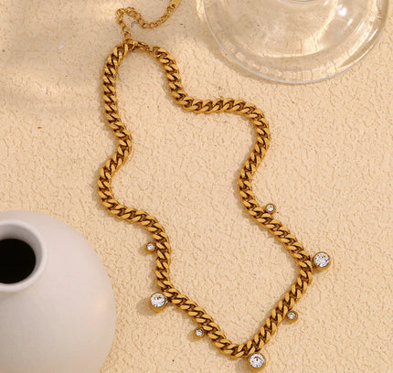 E.B.belle Collar de cadena cubana suave chapado en oro de 18 quilates círculo redondo cristal circón piedra encanto gargantilla collar para mujer