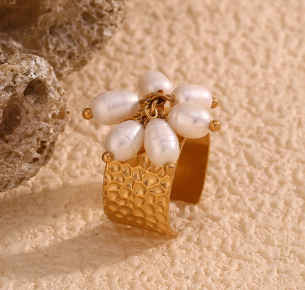 E.B.belle Anillo ajustable de acero inoxidable chapado en oro de 18 quilates con diseño de martillo y borlas de perlas de estilo elegante para niña