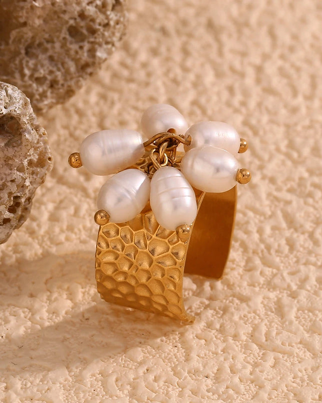 E.B.belle Anillo ajustable de acero inoxidable chapado en oro de 18 quilates con diseño de martillo y borlas de perlas de estilo elegante para niña