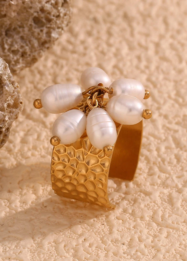 E.B.belle Anillo ajustable de acero inoxidable chapado en oro de 18 quilates con diseño de martillo y borlas de perlas de estilo elegante para niña