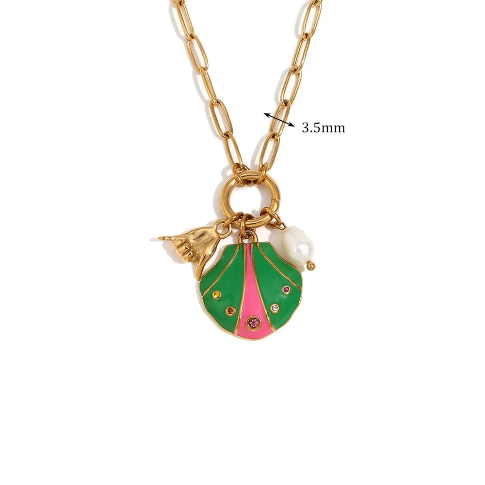 Collar con Colgante de Concha Multicolor Chapado en Oro