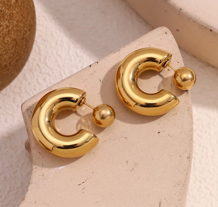 E.B.belle Pendientes de aro de bola redonda de tubo hueco de 30 mm, joyería chapada en oro de 18 quilates, pendientes de mujer de acero inoxidable 316L
