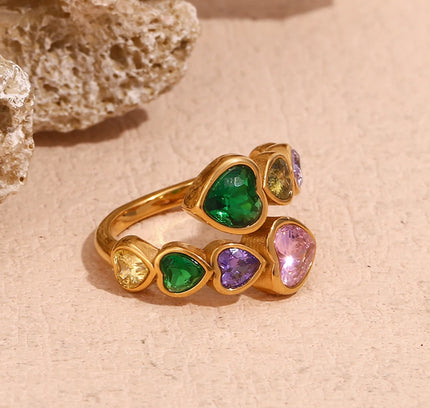 E.B.belle Anillo de circón con corazón abierto, colorido, hipoalergénico, decoración de acero inoxidable 316L, joyería chapada en oro de 18 quilates