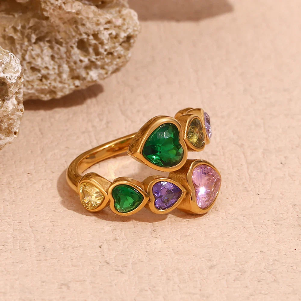 Anillo de Corazón Abierto con Zirconia Multicolor